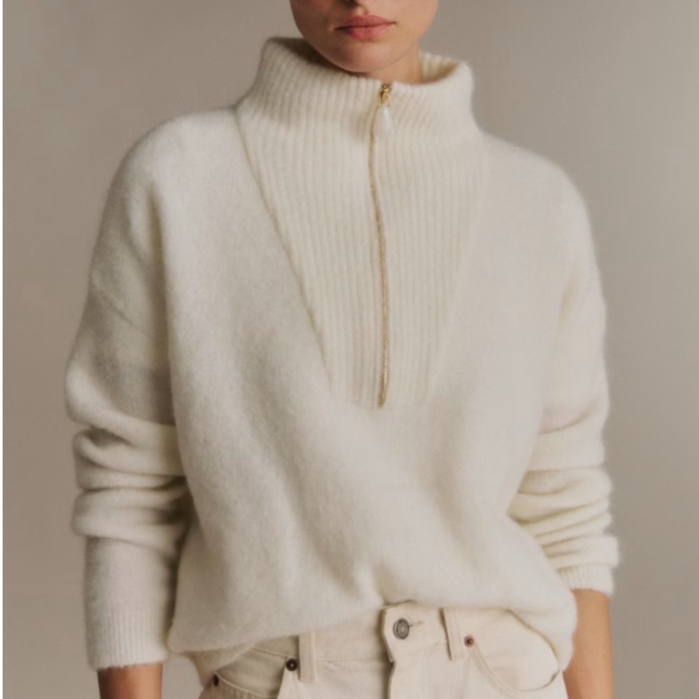Sézane La Maille Ecru Tobais Jumper Half-Zip Mohair Wool Sweater | Size S